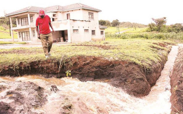 A worried Borrowdale resident inspects torrents near an upmarket two-storey house yesterday