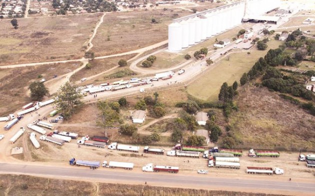 An aerial view of haulage trucks queuing to deliver grain at GMB Lion’s Den depot yesterday. — (Picture by John Manzongo)